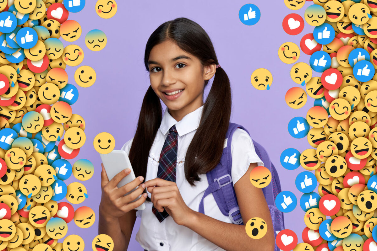 Girl with emojis in background